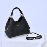 Genuine leather top handle small handbag with gold accent and WO|MN gold stamped logo design - black