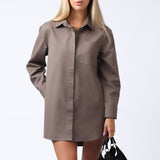 Cotton canvas women’s long sleeve shirt dress with WO|MN embroidered logo - brown