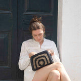 WOVEN JUTE AND BLACK LEATHER ALESSIO POUCH